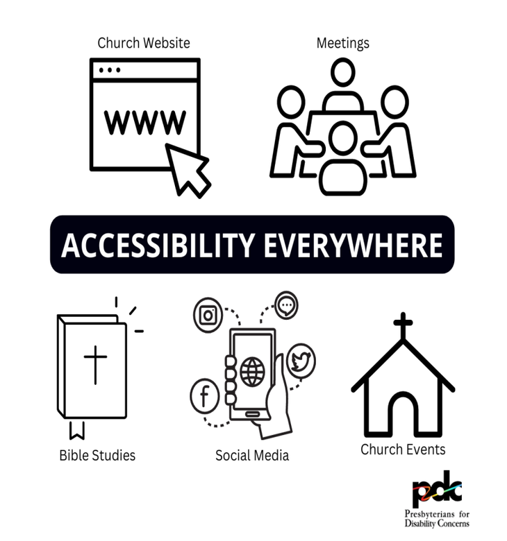 This cover is all black and white. The top left image is an simple icon representing a website with the caption "Church Website", to the right is a simple icon of four people sitting at a table and caption reads "Meetings". The bottom left image is a simple image of a bible with the caption reading "Bible Studies", bottom middle image is a simple icon of a phone with social media icons and the caption reads "Social Media", and the bottom right icon is a simple image of a church building with the caption saying "church events". In the middle of all of these images is the title of this material "Accessibility Everywhere".